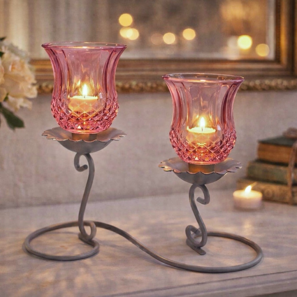 Vintage Homco Pink Glass Votive Candle Holders – Diamond Peg Twisted Metal Base